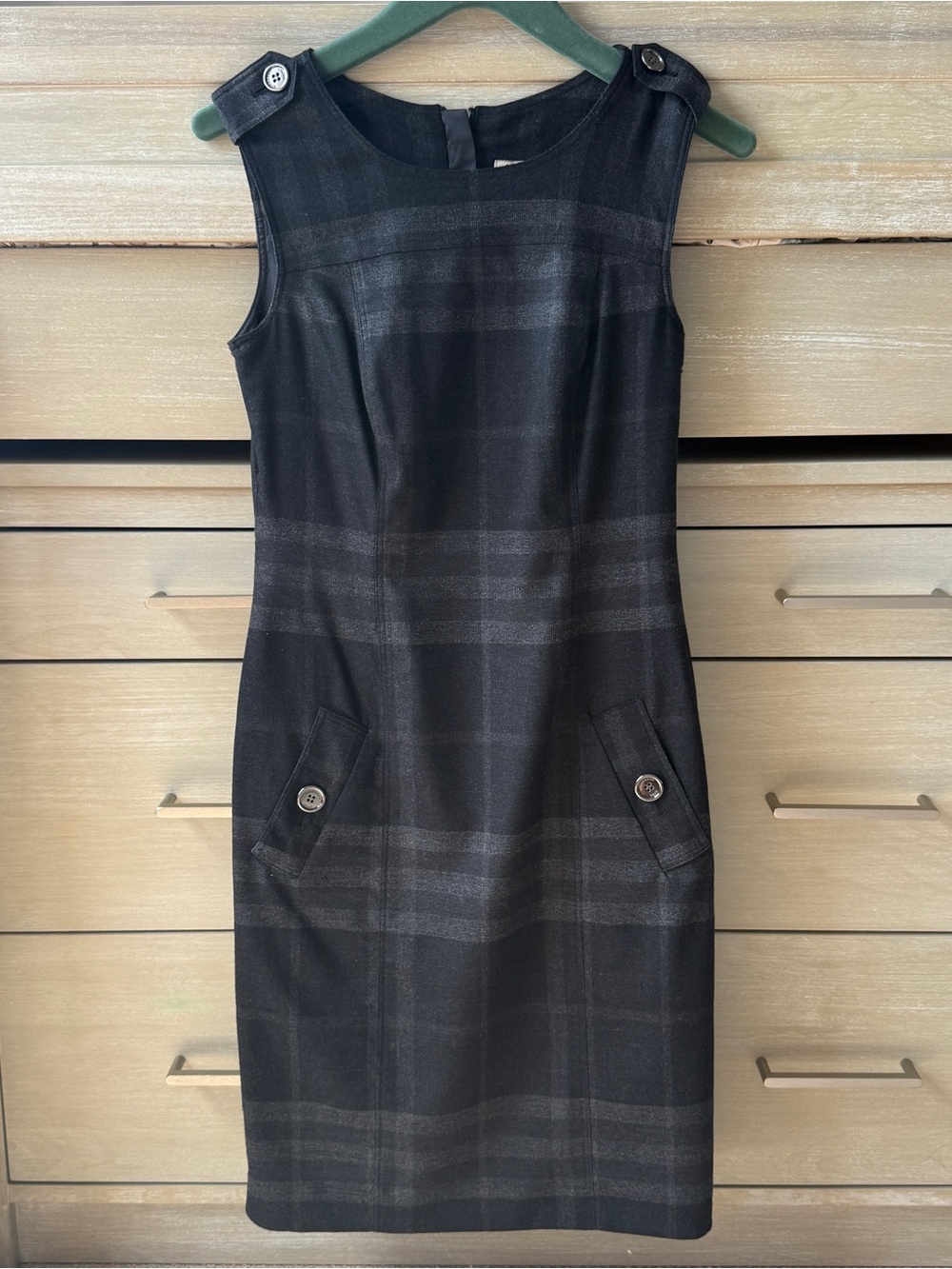 Burberry Black and Gray Plaid Sleeveless Wool Dress with Button Tabs